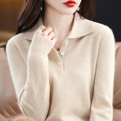 Sieviešu džemperis 2023. gada jaunais pavasara rudens POLO apkakles džemperis, trikotāžas džemperis ar garām piedurknēm bez kašmira džemperiem, apakšējais krekls