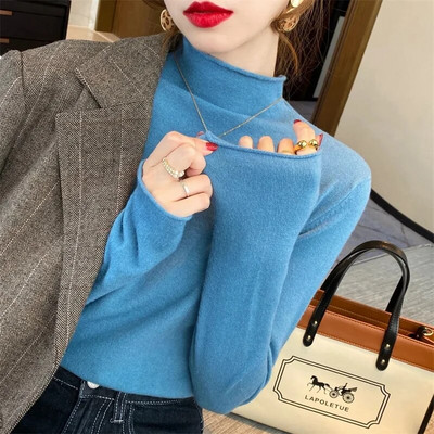 Sieviešu džemperis pavasaris rudens trikotāžas džemperi ar apkakli Slim Fit apakšu krekli Solid soft trikotāža Džemperi Pamata džemperi
