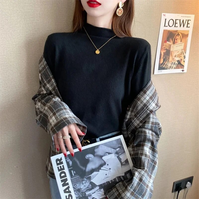 Sieviešu džemperis pavasaris rudens trikotāžas džemperi ar apkakli Slim Fit apakšu krekli Solid soft trikotāža Džemperi Pamata džemperi