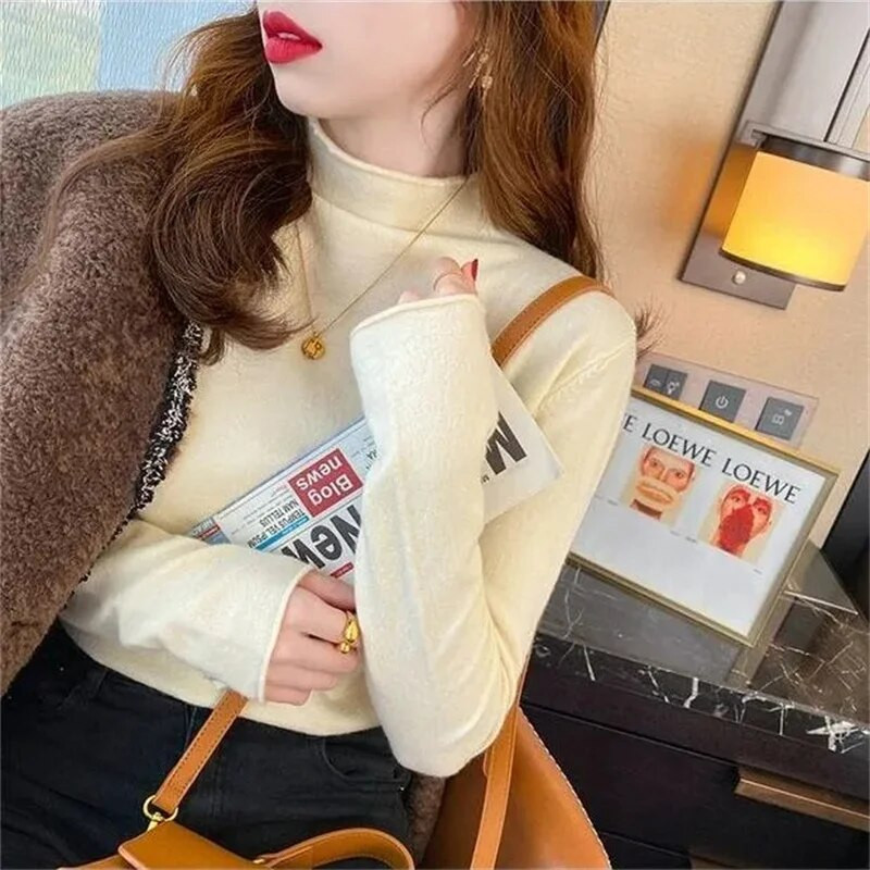 Sieviešu džemperis pavasaris rudens trikotāžas džemperi ar apkakli Slim Fit apakšu krekli Solid soft trikotāža Džemperi Pamata džemperi