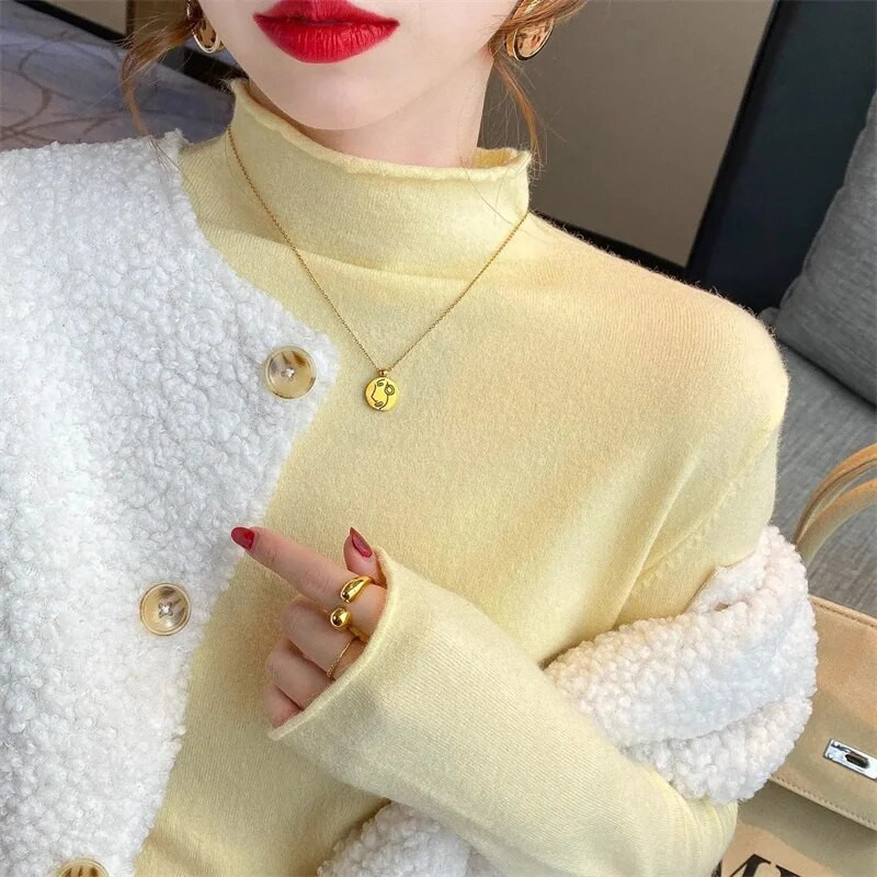 Sieviešu džemperis pavasaris rudens trikotāžas džemperi ar apkakli Slim Fit apakšu krekli Solid soft trikotāža Džemperi Pamata džemperi