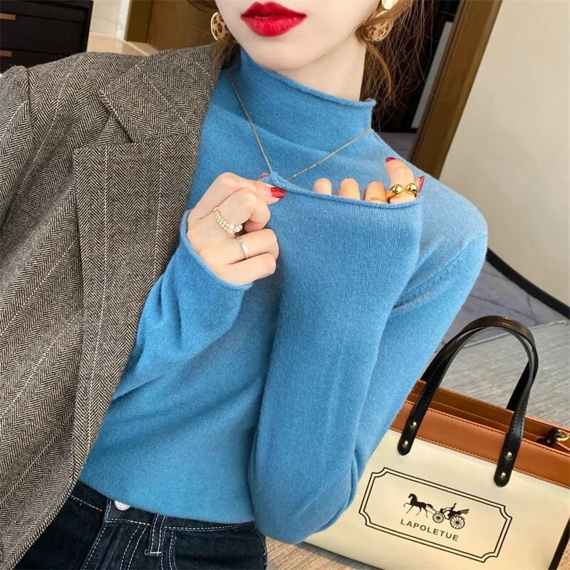 Sieviešu džemperis pavasaris rudens trikotāžas džemperi ar apkakli Slim Fit apakšu krekli Solid soft trikotāža Džemperi Pamata džemperi