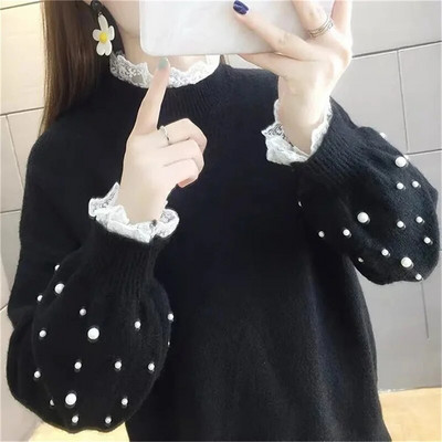 2023. gada jauns bruņurupuču džemperis, sieviešu trikotāžas blūzes, modes dāmu mežģīņu džemperi.