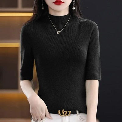 2024. gada vasaras sieviešu džemperi ar īsām piedurknēm, korejiešu modes trikotāžas izstrādājumi, slaidi pieguļoši apakškrekli, ikdienas puloveri, trikotāžas topi