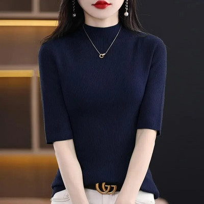 2024. gada vasaras sieviešu džemperi ar īsām piedurknēm, korejiešu modes trikotāžas izstrādājumi, slaidi pieguļoši apakškrekli, ikdienas puloveri, trikotāžas topi