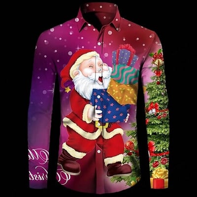 Jõulud Hawaii särgid Jõulupuu trükitud särgid Meeste Moodsärgid Pikkade varrukatega Rannapluus Lapel Bluoses Meeste riided