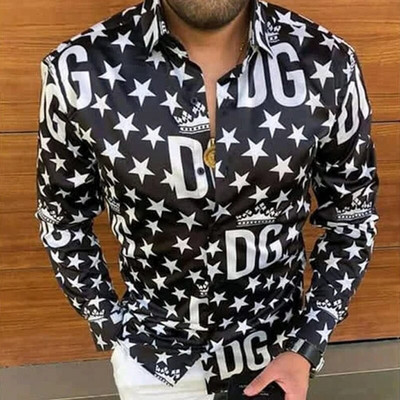 Modes elpojošs pavasara vīriešu krekls ar mirdzošu apdruku ar garām piedurknēm, ikdienišķas istabas istabas apģērba topi āra ielām ar pogām apdruku