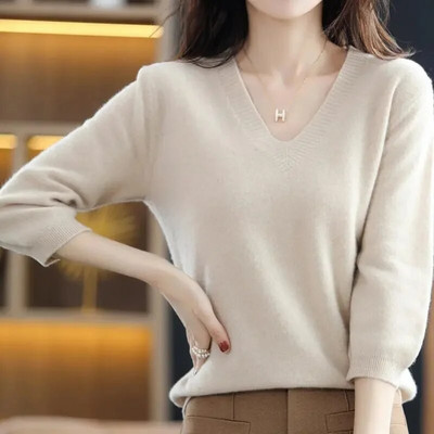 Jauns pavasara rudens sieviešu džemperis Pulovers V veida kakla trikotāžas džemperi Top kašmira džemperis Sieviešu trikotāžas apakškrekls