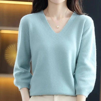 Jauns pavasara rudens sieviešu džemperis Pulovers V veida kakla trikotāžas džemperi Top kašmira džemperis Sieviešu trikotāžas apakškrekls