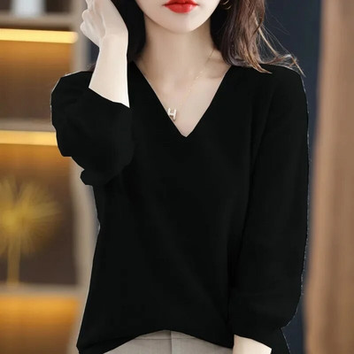 Jauns pavasara rudens sieviešu džemperis Pulovers V veida kakla trikotāžas džemperi Top kašmira džemperis Sieviešu trikotāžas apakškrekls
