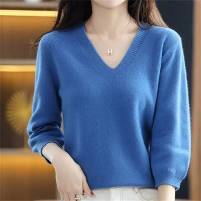 Jauns pavasara rudens sieviešu džemperis Pulovers V veida kakla trikotāžas džemperi Top kašmira džemperis Sieviešu trikotāžas apakškrekls