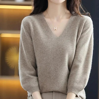 Jauns pavasara rudens sieviešu džemperis Pulovers V veida kakla trikotāžas džemperi Top kašmira džemperis Sieviešu trikotāžas apakškrekls