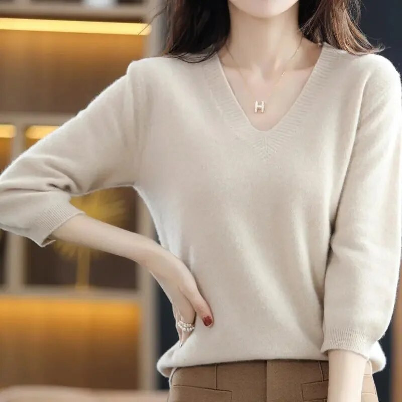 Jauns pavasara rudens sieviešu džemperis Pulovers V veida kakla trikotāžas džemperi Top kašmira džemperis Sieviešu trikotāžas apakškrekls