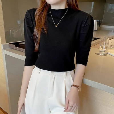 Sieviešu džemperis ar īsām piedurknēm bruņurupuča svītra Trikotāža Slim Fit krekls Korejiešu modes džemperi Plānas trikotāžas topi 2023. gada apakšmala