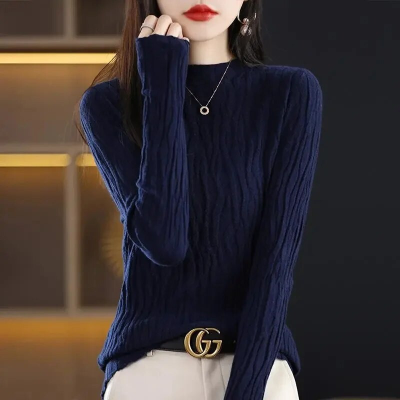 Νέο Πλεκτό Πλεκτό πουλόβερ Μακρυμάνικο Πουκάμισο με λεπτή ζιβάγκο Πουλόβερ Φθινοπωρινό Χειμώνα μαλακά μπλούζα πουλόβερ για γυναίκες