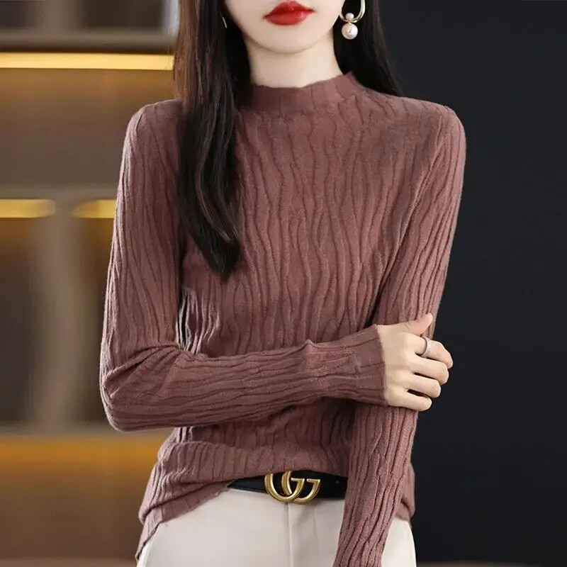 Νέο Πλεκτό Πλεκτό πουλόβερ Μακρυμάνικο Πουκάμισο με λεπτή ζιβάγκο Πουλόβερ Φθινοπωρινό Χειμώνα μαλακά μπλούζα πουλόβερ για γυναίκες