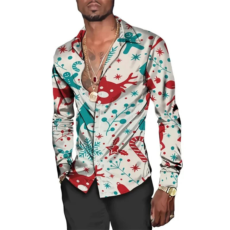 2023. gada smieklīgi Ziemassvētku tēmas 3D drukas vīriešu krekli Ikdienišķs ielu apģērbs ar garām piedurknēm, topi Unisex brīvdienu ballītei, elegants havajiešu krekls