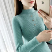 2023. gada jauns džemperis ar bruņurupuču apkakli Sieviešu trikotāžas blūzes Modes sieviešu džemperi Ziemas termiski svītraini garām piedurknēm rudens siltie topi