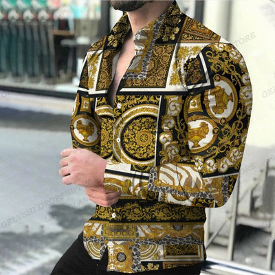 Havaju salu krekli ar garām piedurknēm Vīriešu modes krekls Luksusa Eiropas stila blūze Zelta pludmales blūze Vīriešu apģērbi Aicinājums Camisas Vīriešu