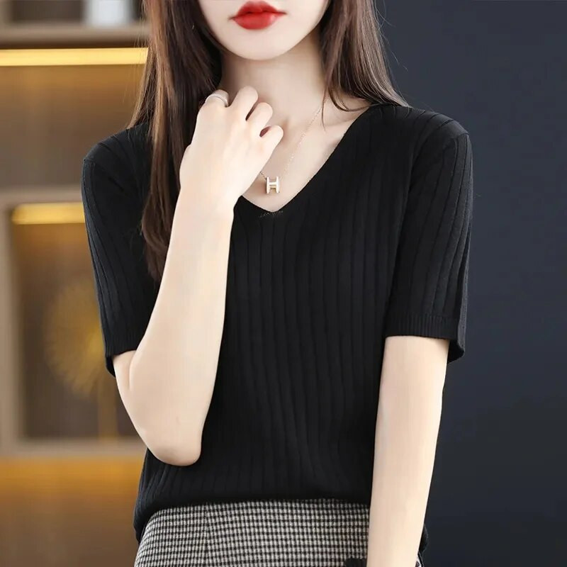 Sieviešu džemperis 2023. gada jauns pavasara rudens trikotāžas džemperi ar V veida kakla izgriezumu, krekls ar slaidu apakšu, ciets, mīksts trikotāžas džemperi, pamata džemperi
