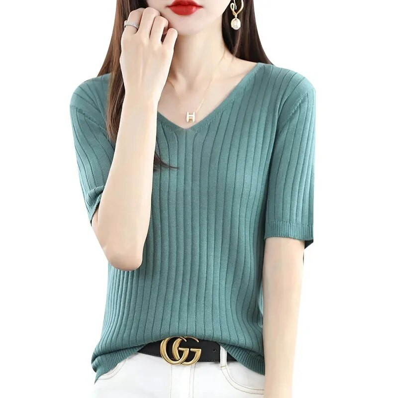 Sieviešu džemperis 2023. gada jauns pavasara rudens trikotāžas džemperi ar V veida kakla izgriezumu, krekls ar slaidu apakšu, ciets, mīksts trikotāžas džemperi, pamata džemperi