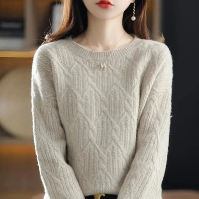 2023. gada jauna mode, Merino vilnas kašmira sieviešu trikotāžas džemperis ar O veida kakla izgriezumu, džemperis ar garām piedurknēm, rudens apģērbu džemperis