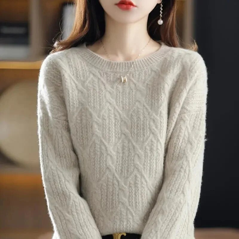 2023. gada jauna mode, Merino vilnas kašmira sieviešu trikotāžas džemperis ar O veida kakla izgriezumu, džemperis ar garām piedurknēm, rudens apģērbu džemperis