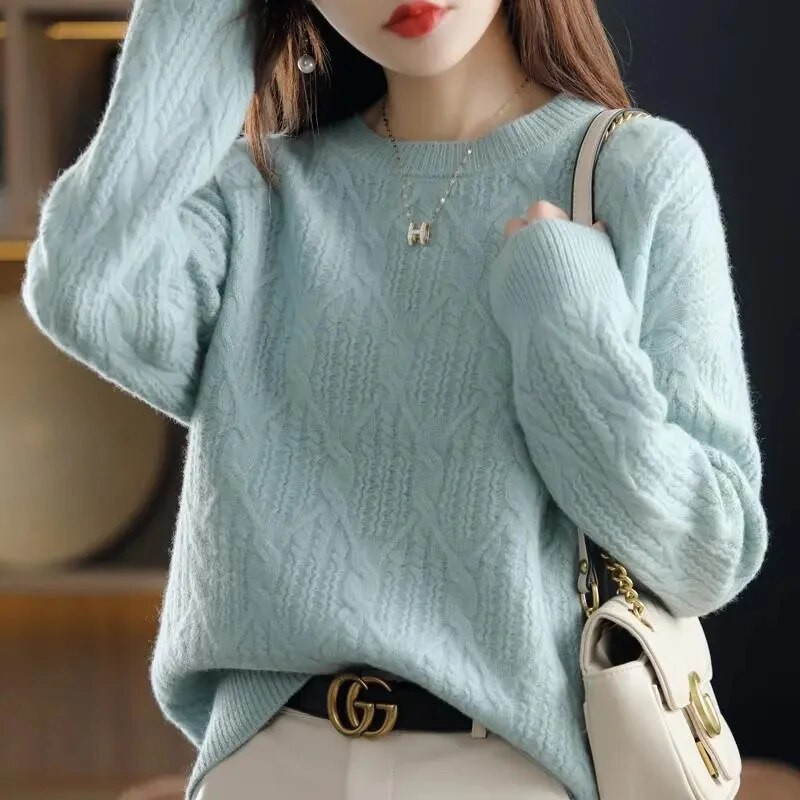 2023. gada jauna mode, Merino vilnas kašmira sieviešu trikotāžas džemperis ar O veida kakla izgriezumu, džemperis ar garām piedurknēm, rudens apģērbu džemperis