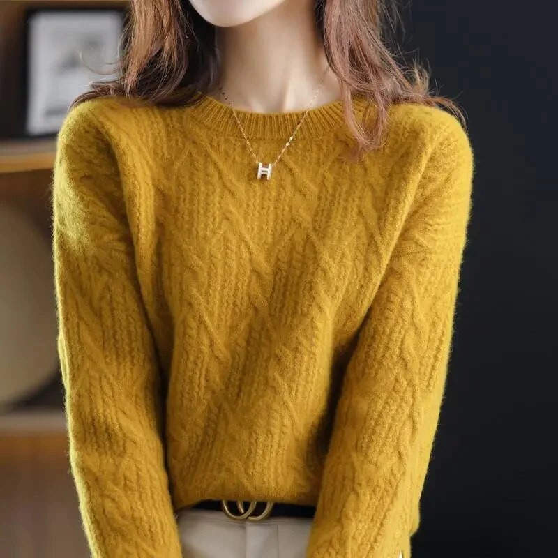 2023. gada jauna mode, Merino vilnas kašmira sieviešu trikotāžas džemperis ar O veida kakla izgriezumu, džemperis ar garām piedurknēm, rudens apģērbu džemperis