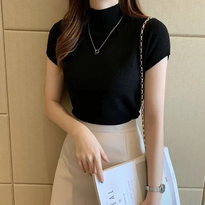 2023. gada pavasara vasara sieviešu džemperis ar īsām piedurknēm, šaurs apkaklis, trikotāžas džemperi ar apakšējo daļu ikdienas trikotāžas kamieļu apģērbi