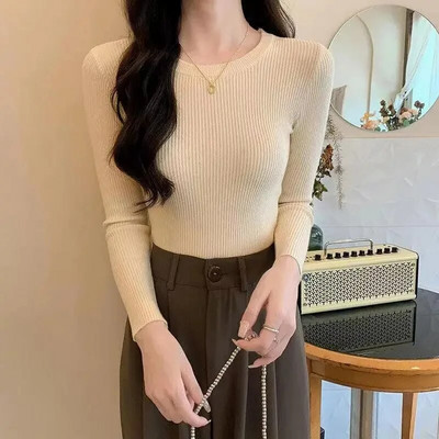 2023 Νέα γυναικεία πουλόβερ Πλεκτά πουλόβερ με φθινόπωρο άνοιξη Πουκάμισα με λεπτή εφαρμογή στο κάτω μέρος Μαλακά πλεκτά πουλόβερ Βασικά πουλόβερ