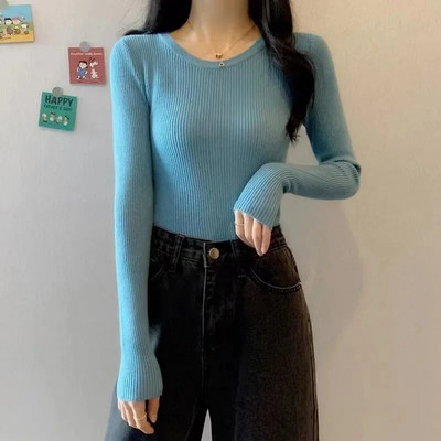 2023 Νέα γυναικεία πουλόβερ Πλεκτά πουλόβερ με φθινόπωρο άνοιξη Πουκάμισα με λεπτή εφαρμογή στο κάτω μέρος Μαλακά πλεκτά πουλόβερ Βασικά πουλόβερ