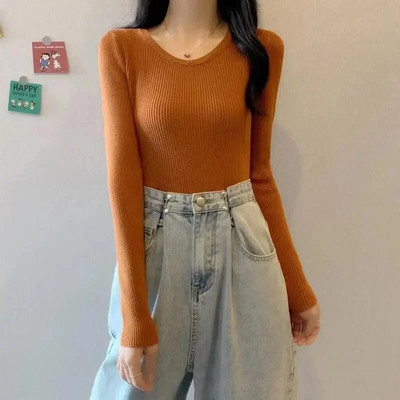 2023 Νέα γυναικεία πουλόβερ Πλεκτά πουλόβερ με φθινόπωρο άνοιξη Πουκάμισα με λεπτή εφαρμογή στο κάτω μέρος Μαλακά πλεκτά πουλόβερ Βασικά πουλόβερ