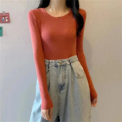 2023 Νέα γυναικεία πουλόβερ Πλεκτά πουλόβερ με φθινόπωρο άνοιξη Πουκάμισα με λεπτή εφαρμογή στο κάτω μέρος Μαλακά πλεκτά πουλόβερ Βασικά πουλόβερ