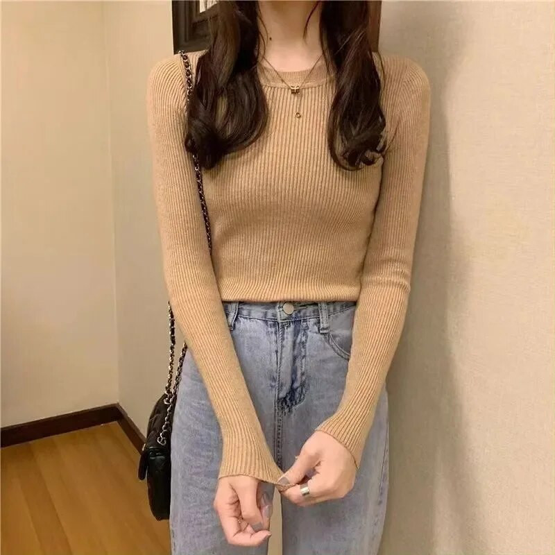 2023 Νέα γυναικεία πουλόβερ Πλεκτά πουλόβερ με φθινόπωρο άνοιξη Πουκάμισα με λεπτή εφαρμογή στο κάτω μέρος Μαλακά πλεκτά πουλόβερ Βασικά πουλόβερ