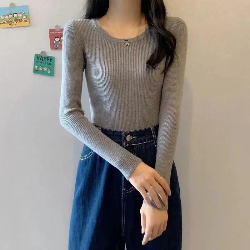 2023 Νέα γυναικεία πουλόβερ Πλεκτά πουλόβερ με φθινόπωρο άνοιξη Πουκάμισα με λεπτή εφαρμογή στο κάτω μέρος Μαλακά πλεκτά πουλόβερ Βασικά πουλόβερ
