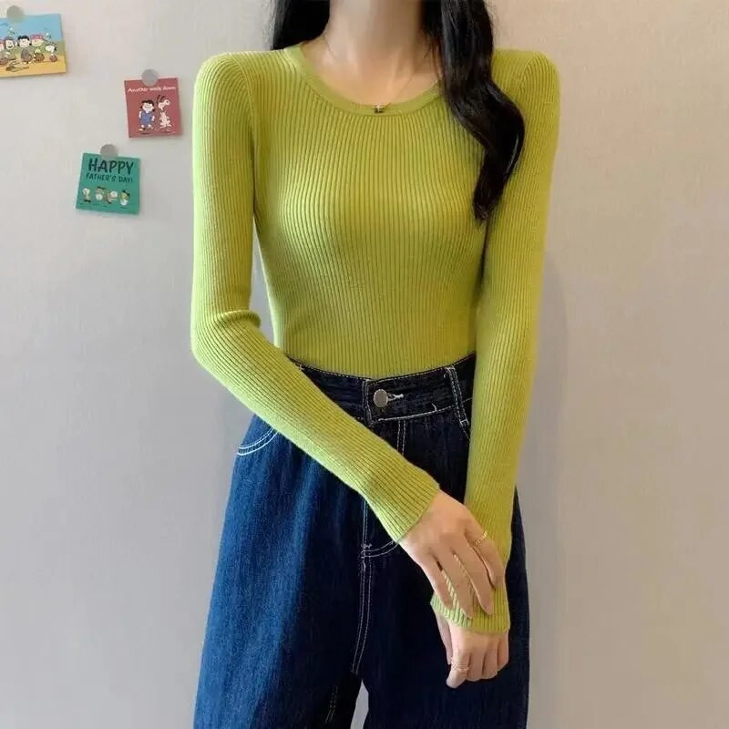 2023 Νέα γυναικεία πουλόβερ Πλεκτά πουλόβερ με φθινόπωρο άνοιξη Πουκάμισα με λεπτή εφαρμογή στο κάτω μέρος Μαλακά πλεκτά πουλόβερ Βασικά πουλόβερ
