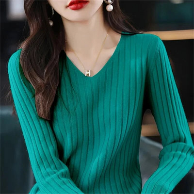 Ikdienas īsi džemperi Sieviešu džemperis ar V veida kakla izgriezumu, slaids, ciets sieviešu džemperis 2023. gada rudens ziemas sievietēm ar garām piedurknēm, trikotāžas augšpuse