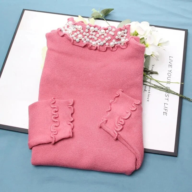 Naiste kampsun, kaelusega pärlitega kampsun, 2023. aasta uus mood, sügistalvine pikkade varrukatega Korea pullover, naiste kudum