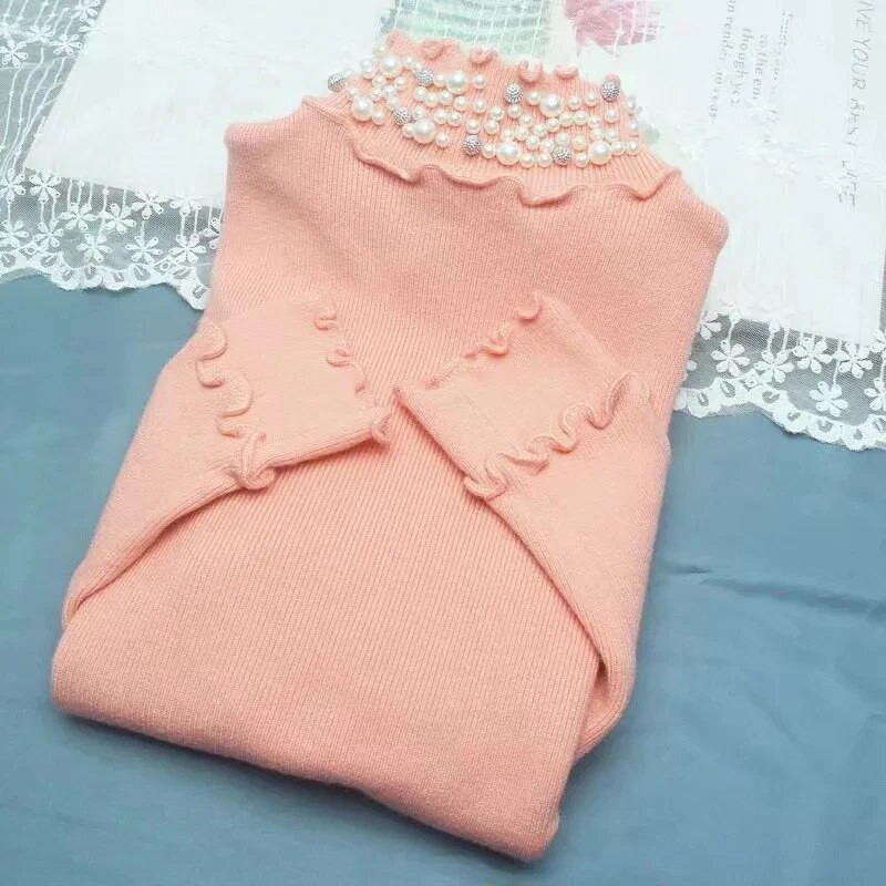 Naiste kampsun, kaelusega pärlitega kampsun, 2023. aasta uus mood, sügistalvine pikkade varrukatega Korea pullover, naiste kudum