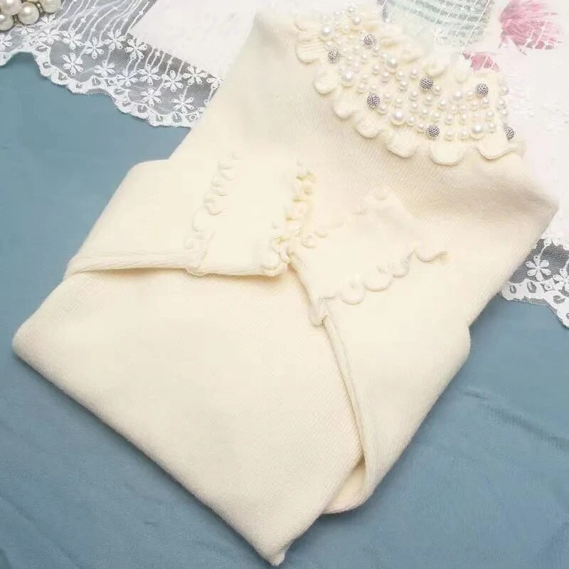 Naiste kampsun, kaelusega pärlitega kampsun, 2023. aasta uus mood, sügistalvine pikkade varrukatega Korea pullover, naiste kudum