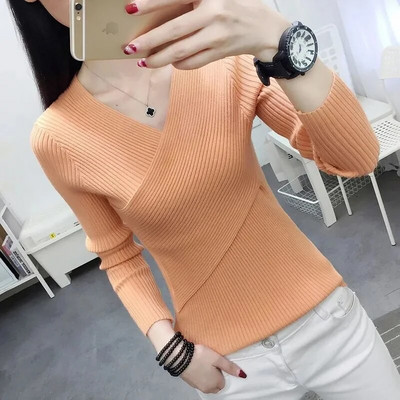 2023. gada jauns seksīgs džemperis ar V kakla izgriezumu sieviešu džemperis, ikdienas džemperi ar šauru apakšu sievietēm, elastīgi kokvilnas sieviešu topi ar garām piedurknēm