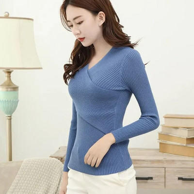 2023. gada jauns seksīgs džemperis ar V kakla izgriezumu sieviešu džemperis, ikdienas džemperi ar šauru apakšu sievietēm, elastīgi kokvilnas sieviešu topi ar garām piedurknēm