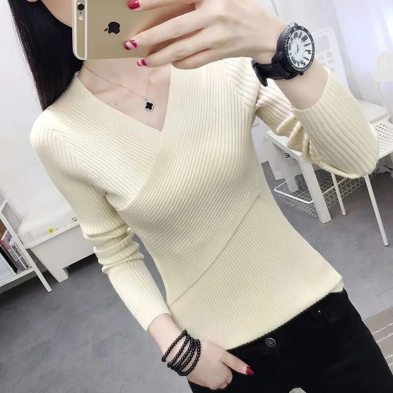 2023. gada jauns seksīgs džemperis ar V kakla izgriezumu sieviešu džemperis, ikdienas džemperi ar šauru apakšu sievietēm, elastīgi kokvilnas sieviešu topi ar garām piedurknēm