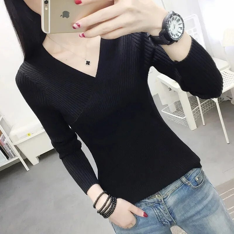 2023. gada jauns seksīgs džemperis ar V kakla izgriezumu sieviešu džemperis, ikdienas džemperi ar šauru apakšu sievietēm, elastīgi kokvilnas sieviešu topi ar garām piedurknēm