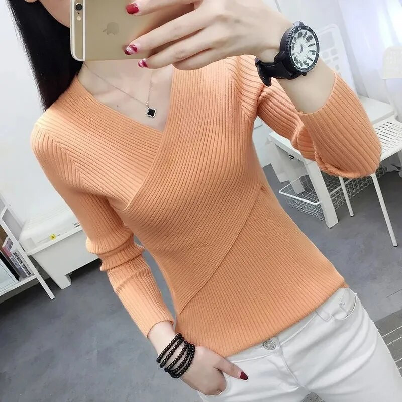 2023. gada jauns seksīgs džemperis ar V kakla izgriezumu sieviešu džemperis, ikdienas džemperi ar šauru apakšu sievietēm, elastīgi kokvilnas sieviešu topi ar garām piedurknēm