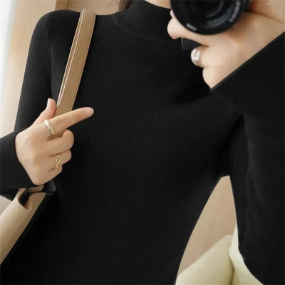 2023 Φθινοπωρινό πουλόβερ Basic με ζιβάγκο στο κάτω μέρος Γυναικείο πουλόβερ με μαλακό λαιμό με ραβδώσεις ελαστικό πουλόβερ Ζεστό μονόχρωμο λεπτό πουλόβερ