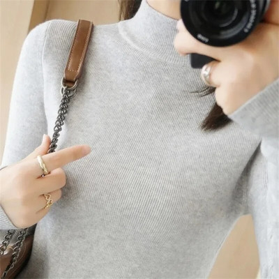 2023 Φθινοπωρινό πουλόβερ Basic με ζιβάγκο στο κάτω μέρος Γυναικείο πουλόβερ με μαλακό λαιμό με ραβδώσεις ελαστικό πουλόβερ Ζεστό μονόχρωμο λεπτό πουλόβερ