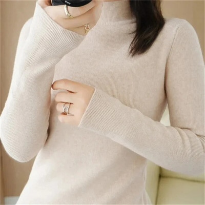 2023 Φθινοπωρινό πουλόβερ Basic με ζιβάγκο στο κάτω μέρος Γυναικείο πουλόβερ με μαλακό λαιμό με ραβδώσεις ελαστικό πουλόβερ Ζεστό μονόχρωμο λεπτό πουλόβερ