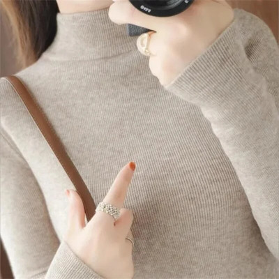 2023 Φθινοπωρινό πουλόβερ Basic με ζιβάγκο στο κάτω μέρος Γυναικείο πουλόβερ με μαλακό λαιμό με ραβδώσεις ελαστικό πουλόβερ Ζεστό μονόχρωμο λεπτό πουλόβερ